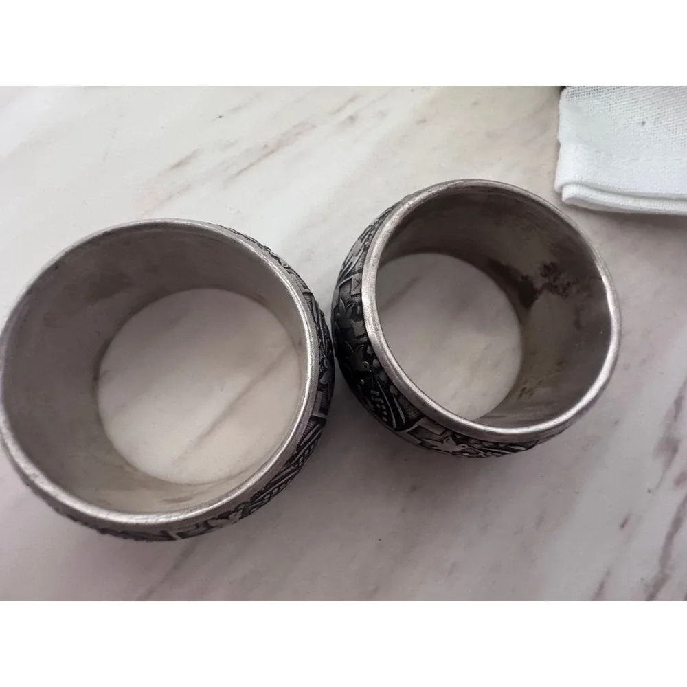 Vintage Mixed‎ Silver Metal Napkin Rings Set of 7 India Boho Floral Bird Ornate